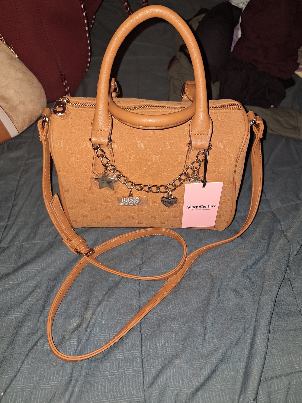 Juicy Couture Tan Embossed Satchel with Charm Chain